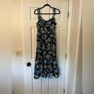 Started with a kiss black floral tie strap midi dress